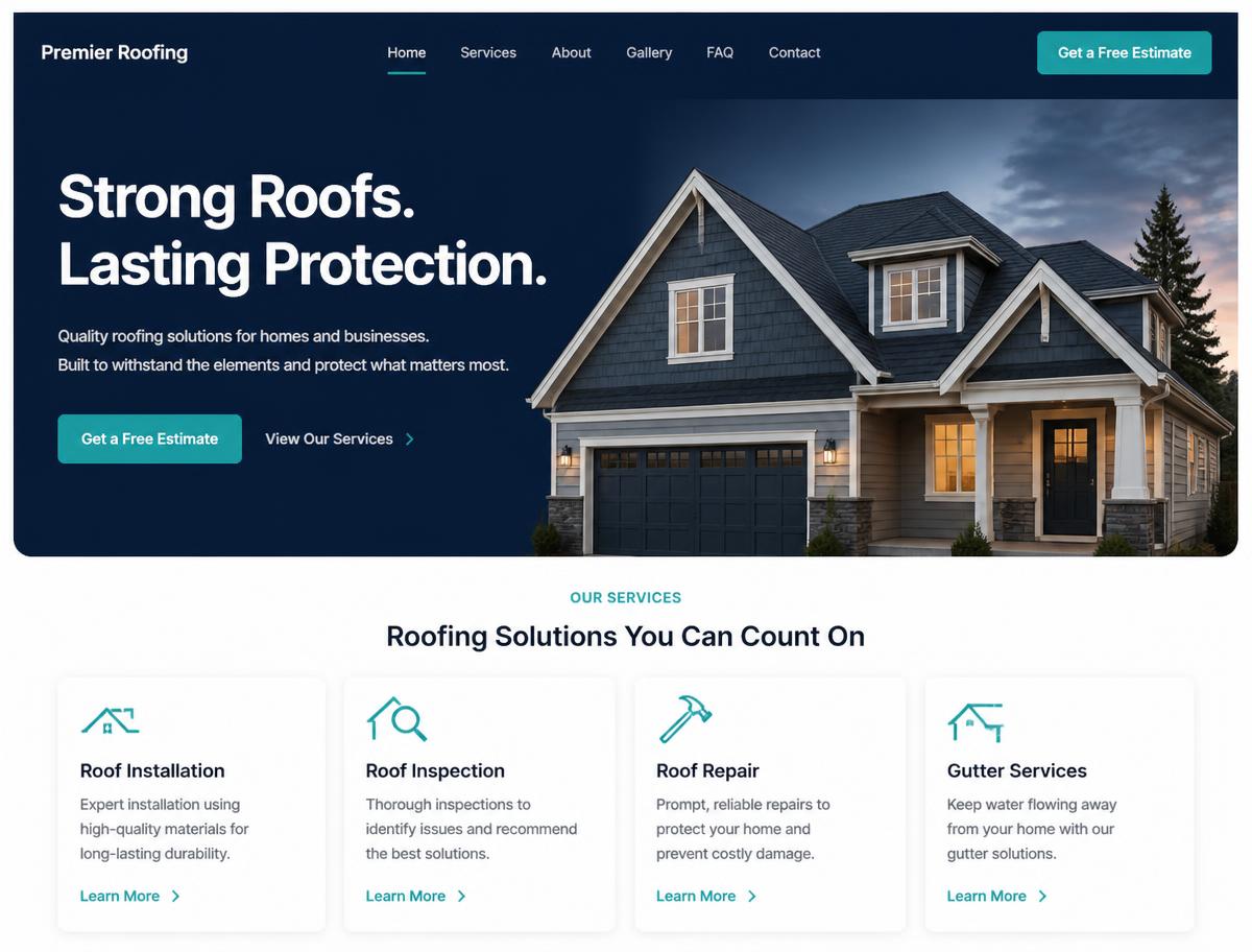 Website design concept for a roofing company homepage with a dark hero and quote button